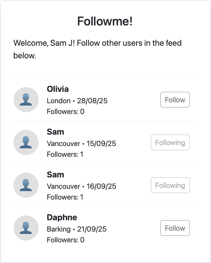 Project 'Followme!' Web App